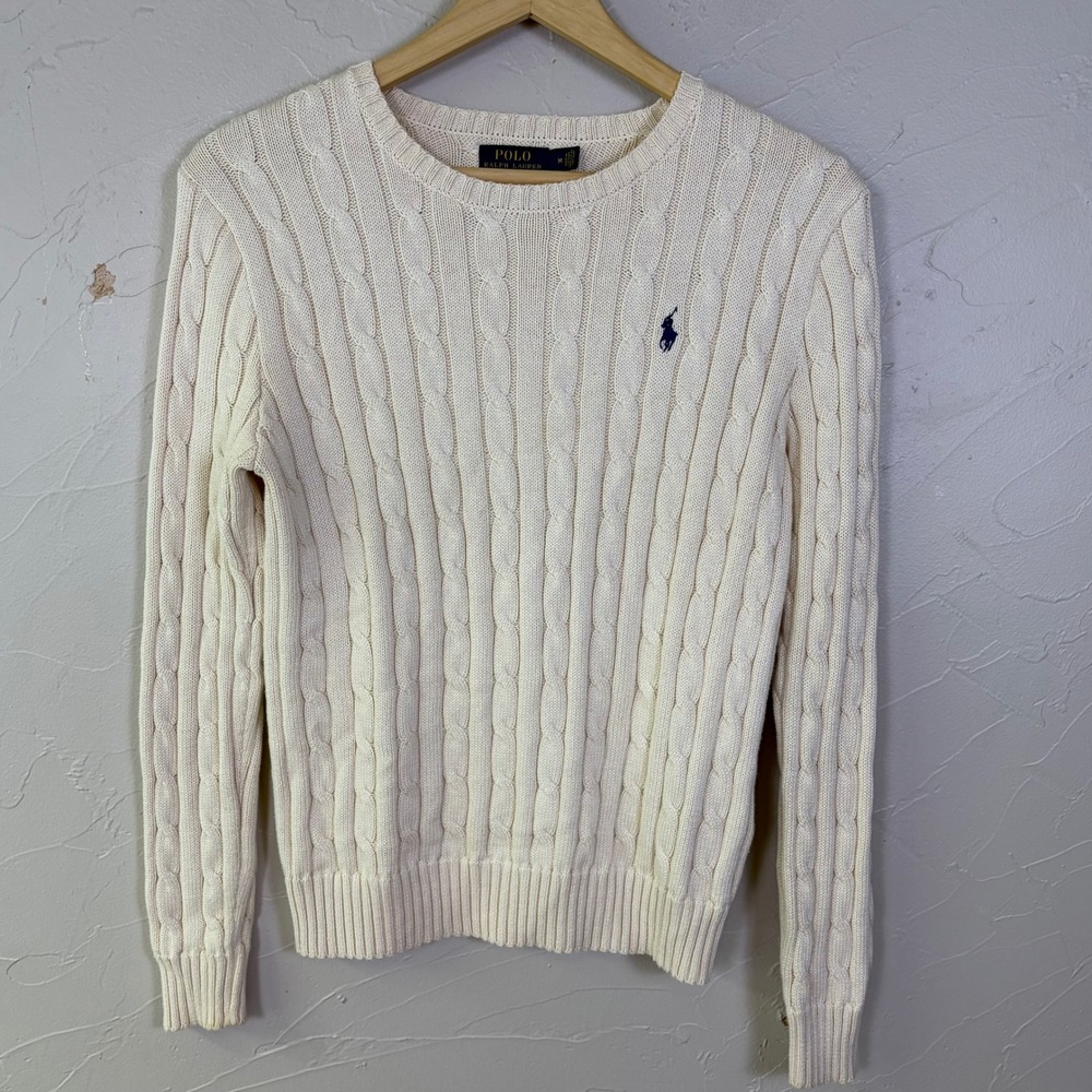 Polo Ralph Lauren Cable Knit Sweater Womens Medium Cream Cotton Preppy Old Money
